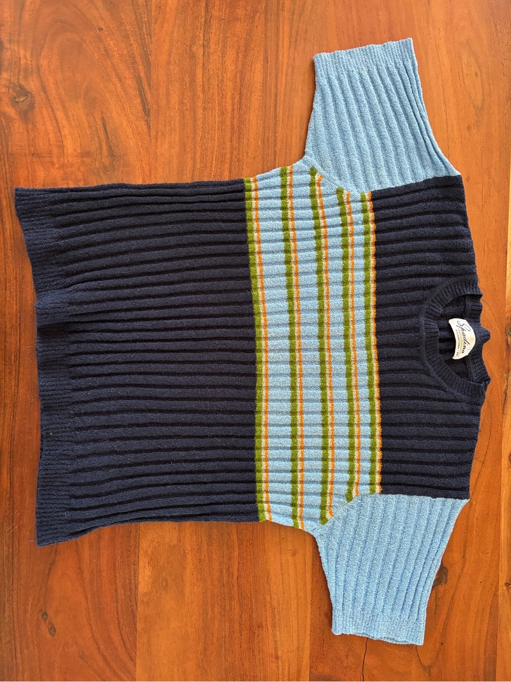 Vintage 1980’s Ribbed Short-Sleeve Knit Tee in Navy and Light Blue
